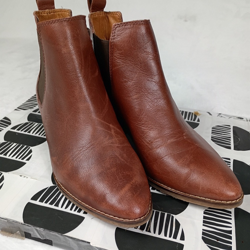 Lucky Brand Basel Brown Leather Chelsea Ankle Boots Women Point Toe Stacked Heel - Picture 2 of 9
